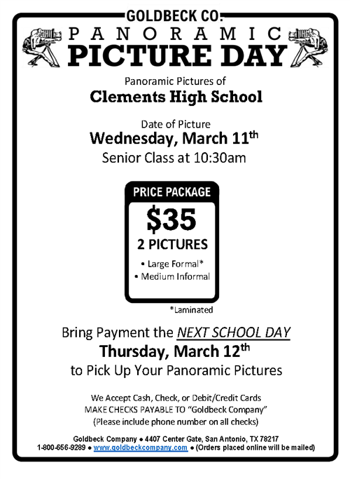 Senior Panoramic Picture Day is Wednesday March 11, Price is $35